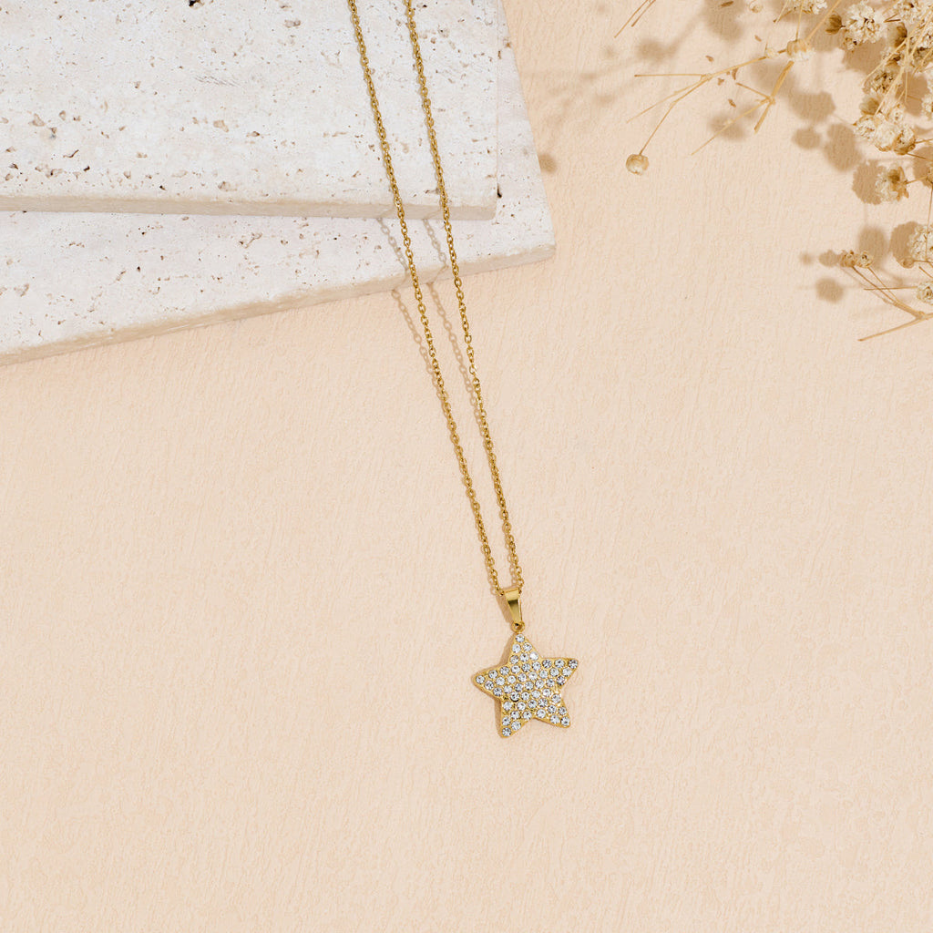 Stainless Steel Inlaid Zircon Star Pendant Necklace