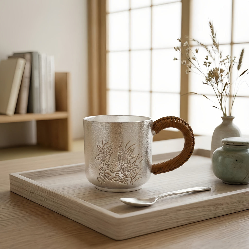 925 Sterling Silver Elegant Silver Tea Cup with Embossed Floral Design and Woven Rattan Handle - Handicraft
