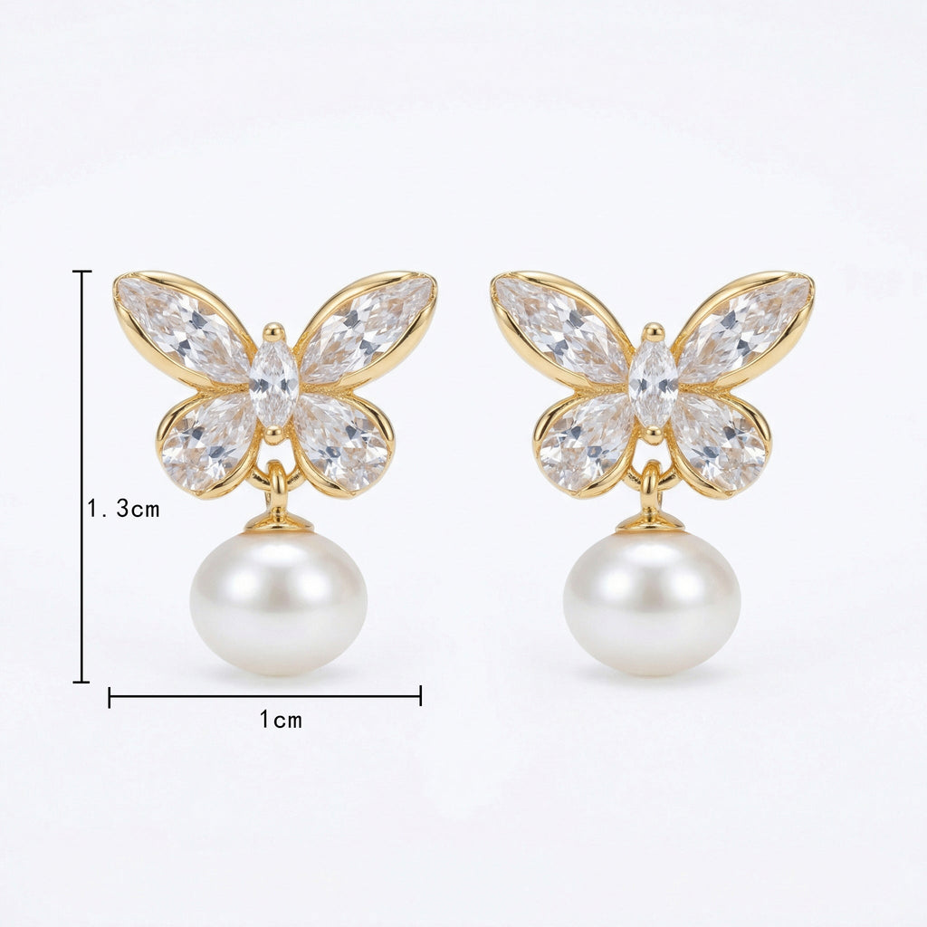 925 Sterling Silver Elegant Crystal Butterfly and Lustrous Pearl Drop Earrings