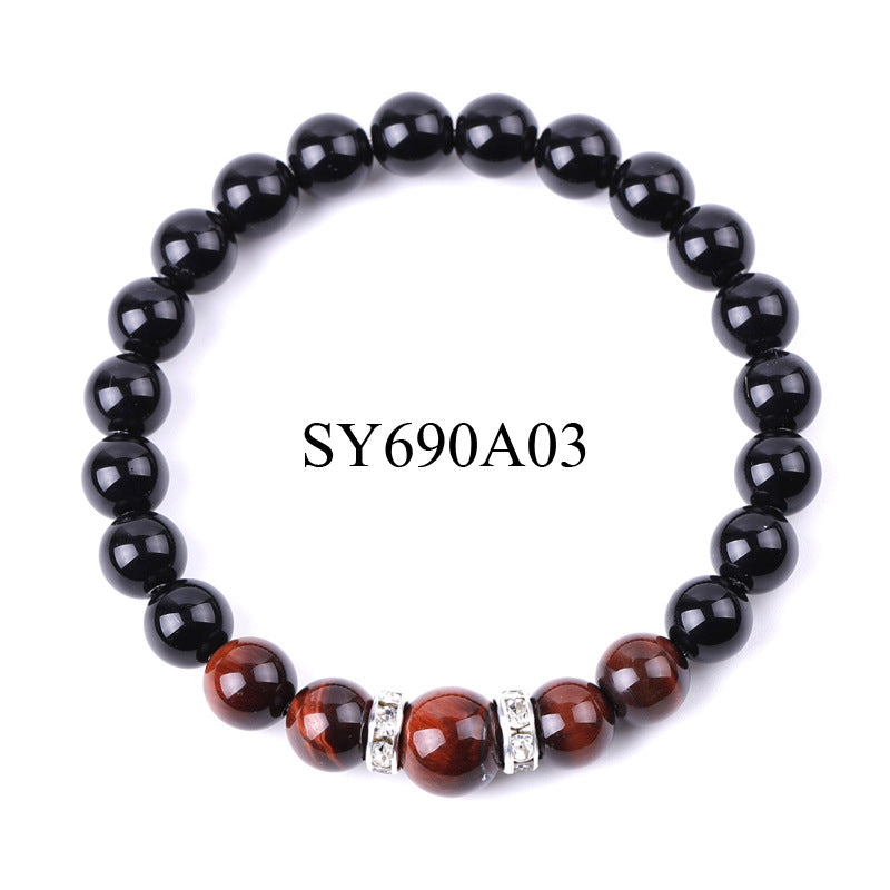 8 Mm 10mm Tigers Eye And Glossy Black Stone Micro-Inlaid Diamond Bracelet