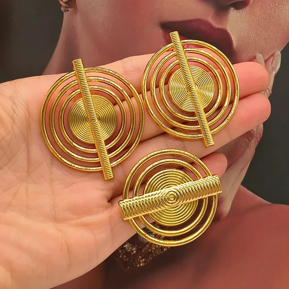 African Gold Color Jewelry Set for Party Hollow Out Design Hook Earrings and Finger Ring 2Pcs Set for Nigerian Jewelry Accessory