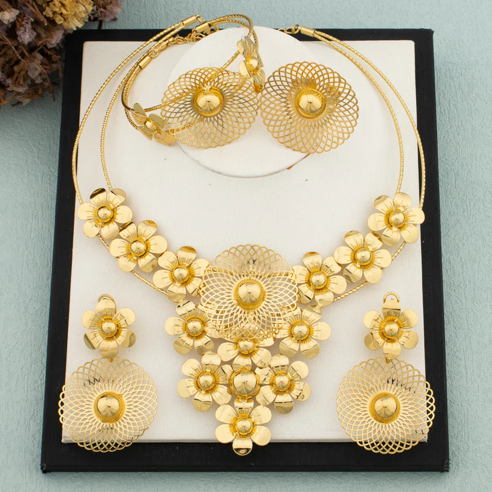 Big Woman Jewelry Set Dubai Gold Plated Earrings Necklace Copper Multiple Small Circle Design Flower Bride Bangle Rings Gift