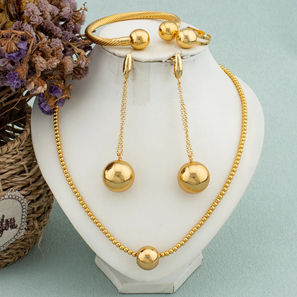 African Fashion 18K Gold Plated Jewelry Set Big Beads Earrings Chain Necklace Dubai Luxury Stud Earrings New Fashion Party Gift