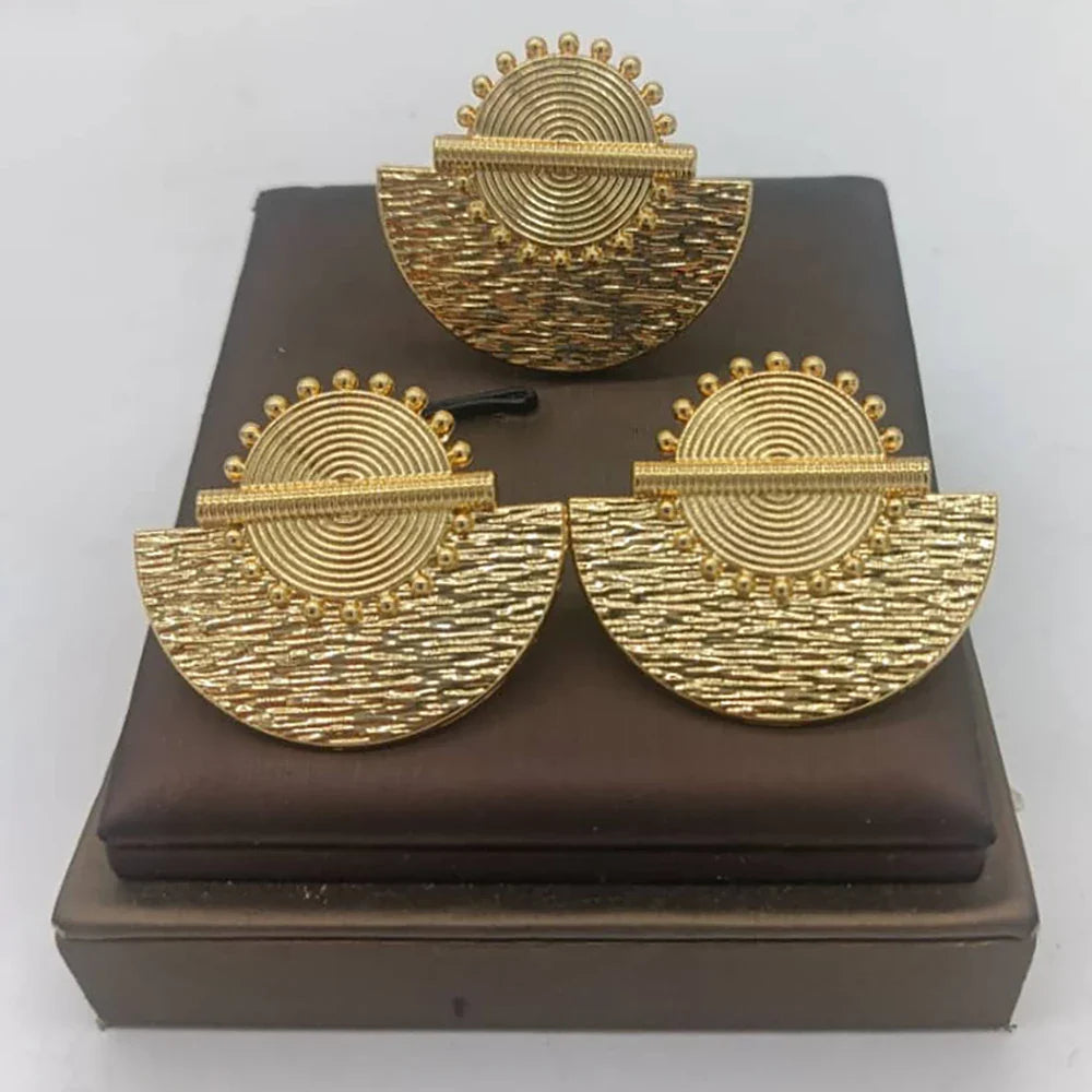 African Gold Color Jewelry Set for Women Statement Design Clip Earrings and Finger Ring 2Pcs Set for Weddings Bride Jewellery