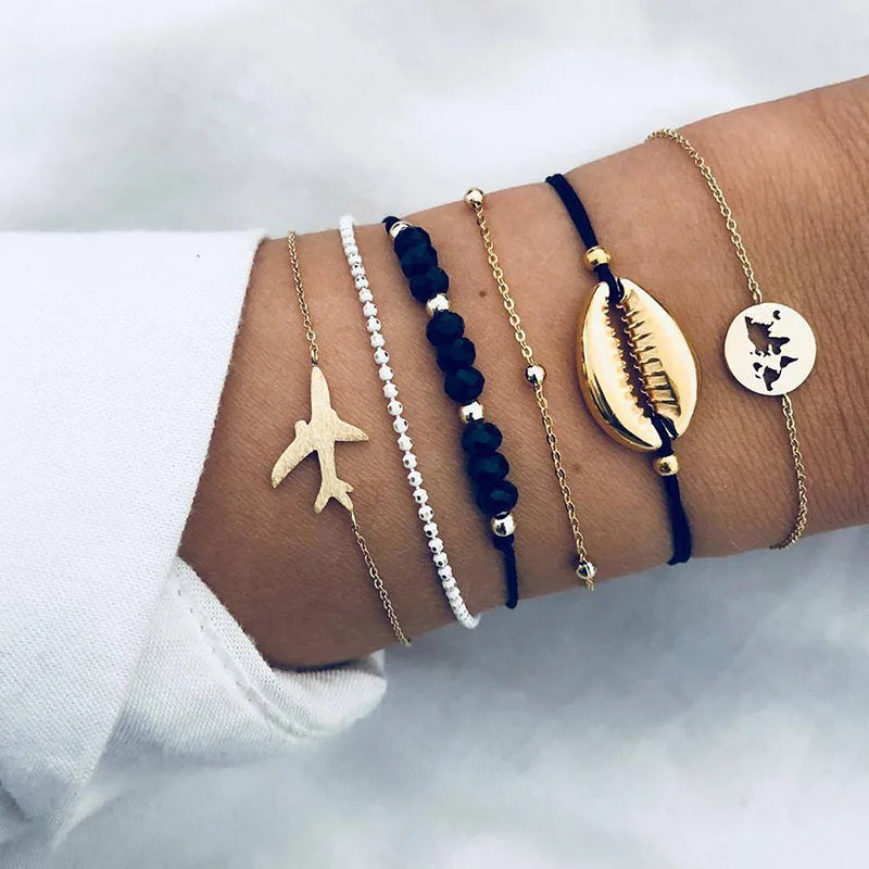 Boho Bangle For women Turtle Elephant Heart Shell Star Moon Bow Arrow Map Crystal Charm Bead Bracelet Set Bohemian Jewelry