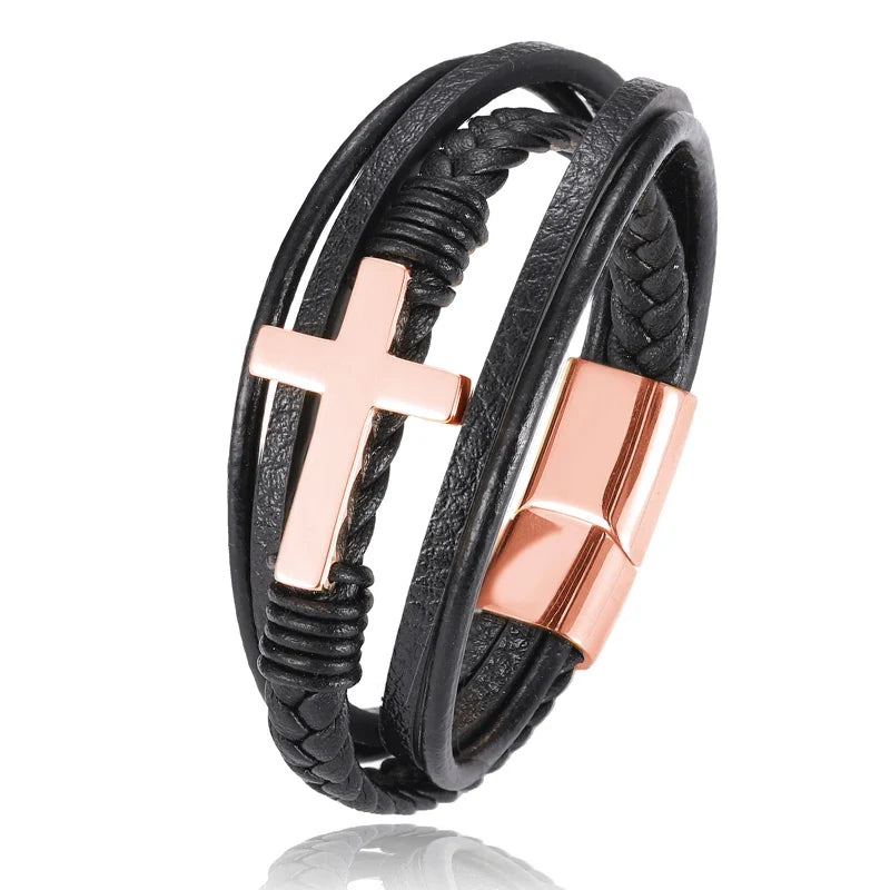 Boho Personalized Men's Family Name Bracelet Black Cross Woven Leather With Stainless Steel Charm Bracelet Custom Name Jewelry