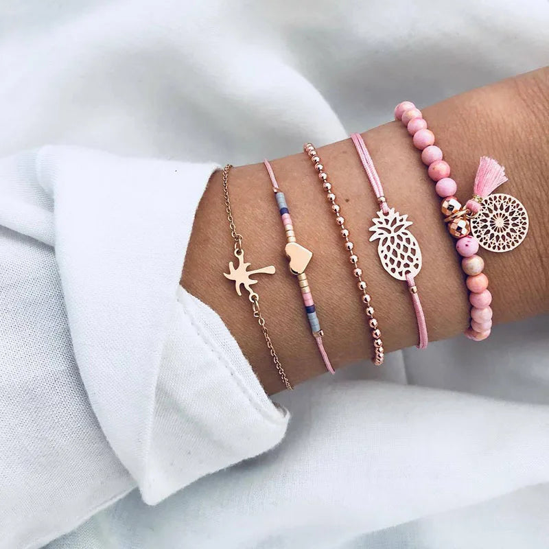 Boho Bangle For women Turtle Elephant Heart Shell Star Moon Bow Arrow Map Crystal Charm Bead Bracelet Set Bohemian Jewelry
