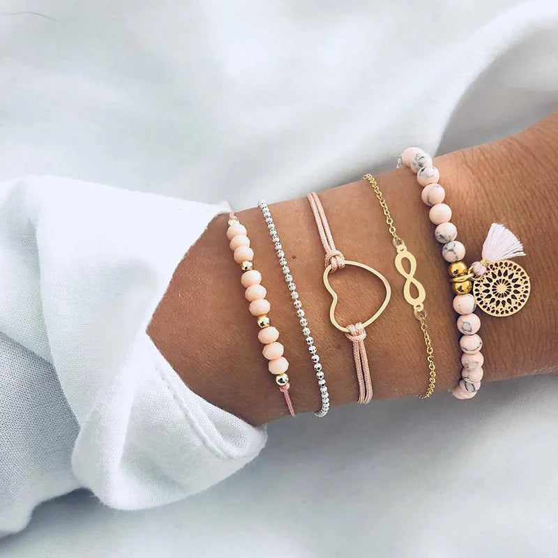 Boho Bangle For women Turtle Elephant Heart Shell Star Moon Bow Arrow Map Crystal Charm Bead Bracelet Set Bohemian Jewelry