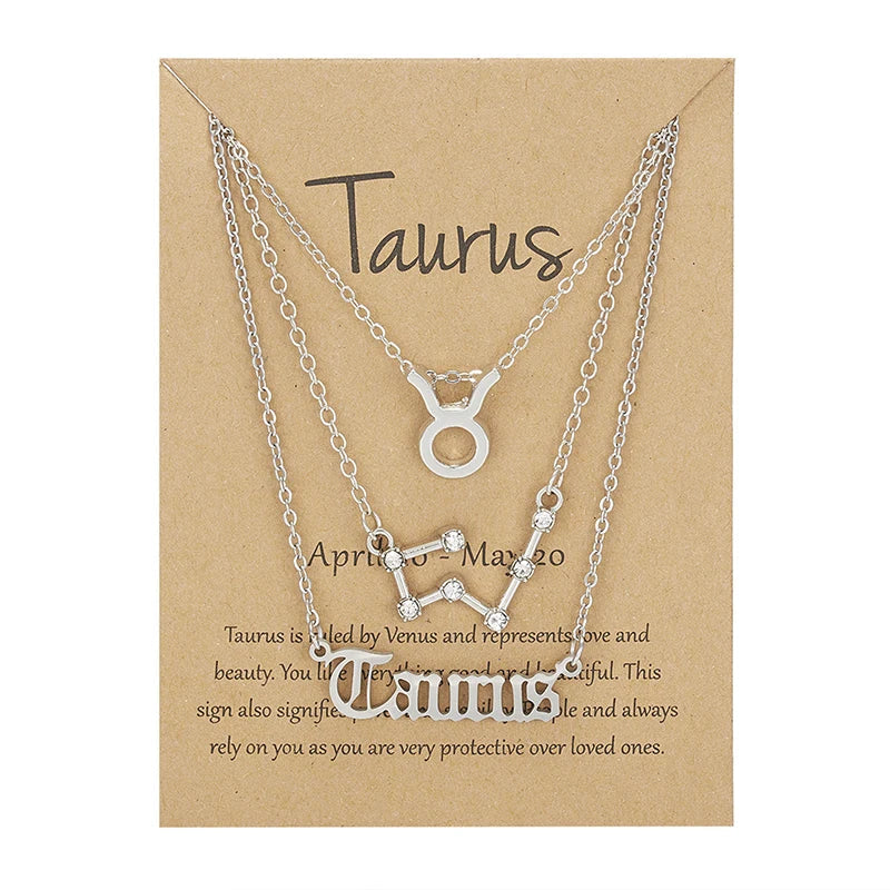 3Pcs/set 12 Zodiac Sign Necklace For Women 12 Constellation Pendant Chain Choker Birthday Jewelry With Cardboard Card