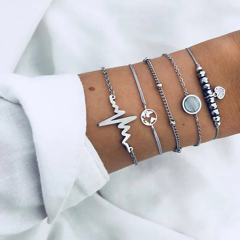 Boho Bangle For women Turtle Elephant Heart Shell Star Moon Bow Arrow Map Crystal Charm Bead Bracelet Set Bohemian Jewelry