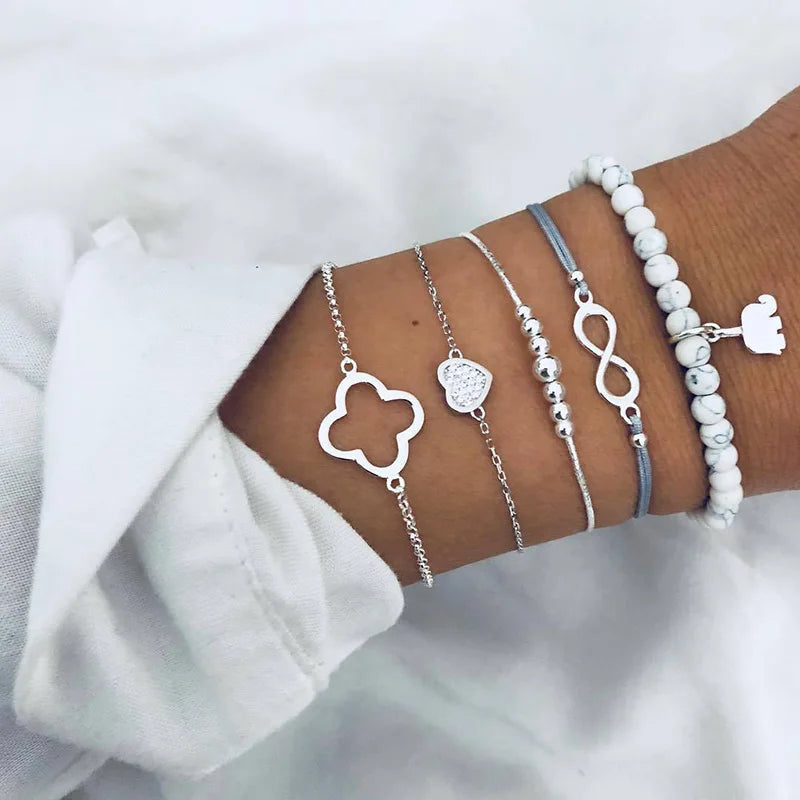 Boho Bangle For women Turtle Elephant Heart Shell Star Moon Bow Arrow Map Crystal Charm Bead Bracelet Set Bohemian Jewelry