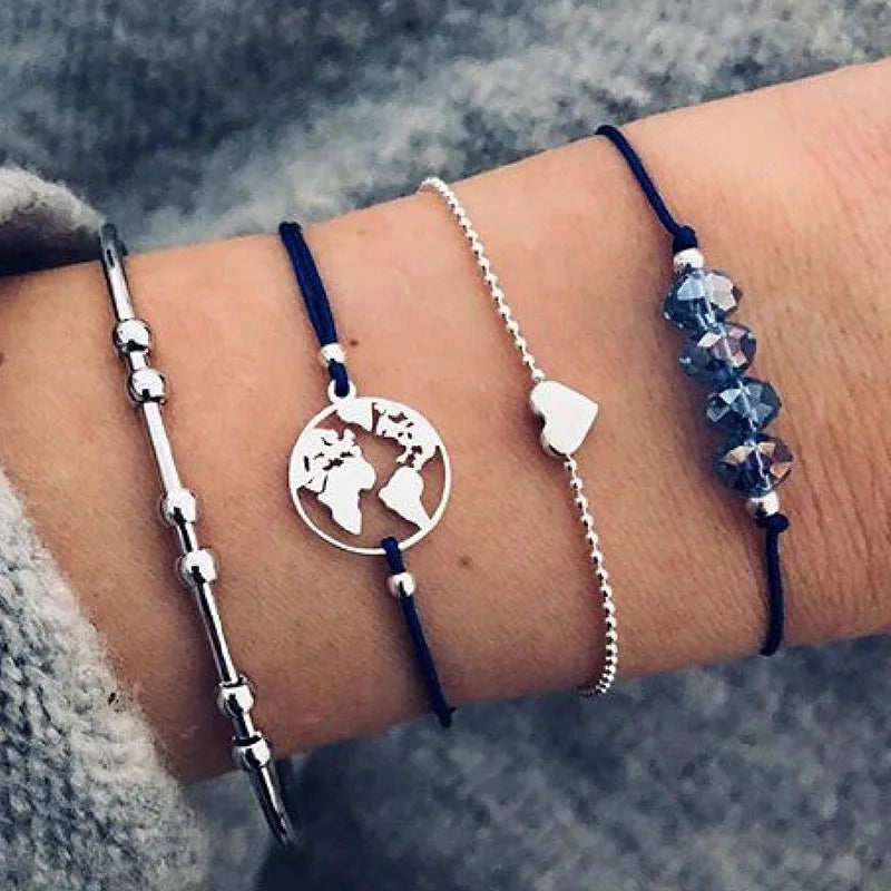 Boho Bangle For women Turtle Elephant Heart Shell Star Moon Bow Arrow Map Crystal Charm Bead Bracelet Set Bohemian Jewelry