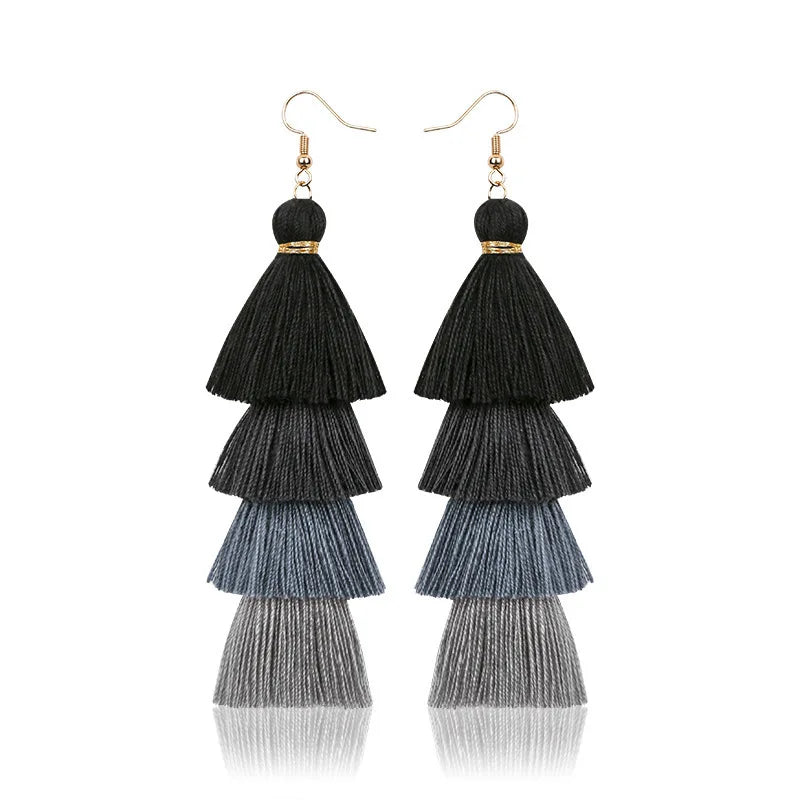 Bohemian 4 Layered Tassel Earrings For Women Ethnic Long Fringe Multi color Statement Dangle Earring GirlsFashion Jewelry