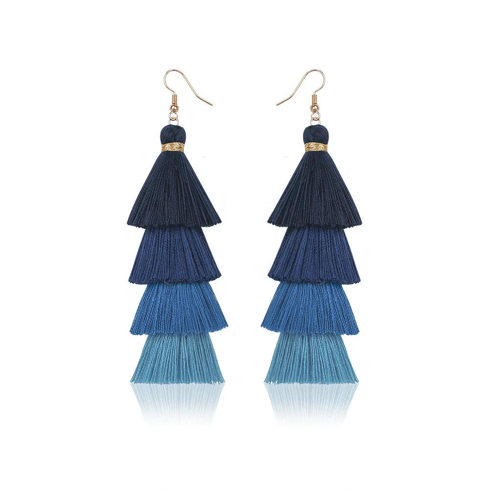 Bohemian 4 Layered Tassel Earrings For Women Ethnic Long Fringe Multi color Statement Dangle Earring GirlsFashion Jewelry