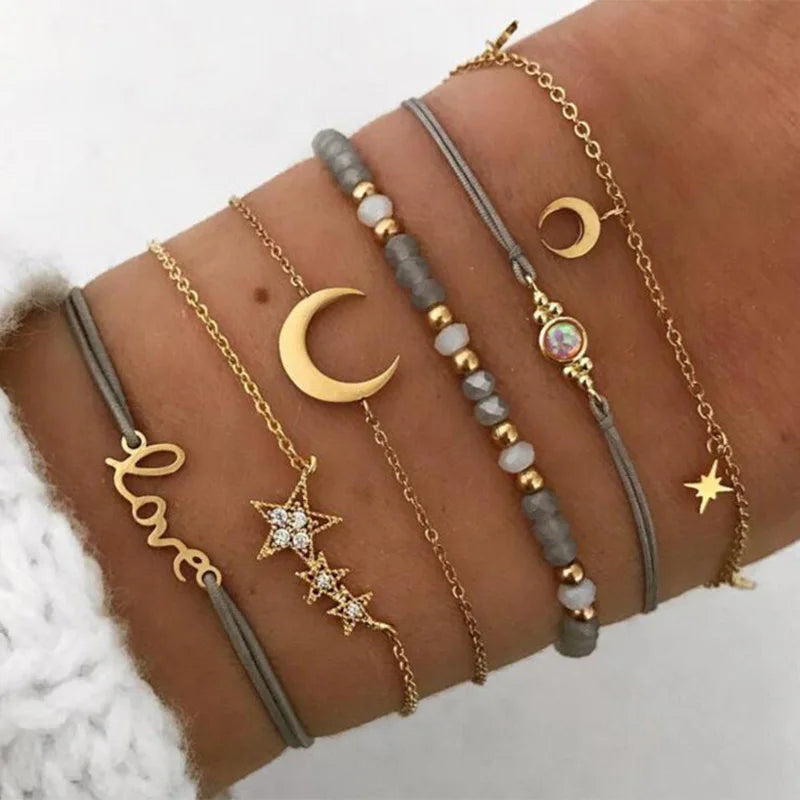 Boho Bangle For women Turtle Elephant Heart Shell Star Moon Bow Arrow Map Crystal Charm Bead Bracelet Set Bohemian Jewelry