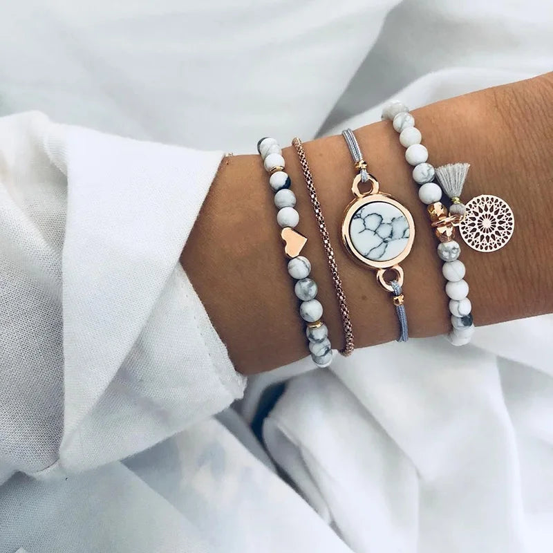 Boho Bangle For women Turtle Elephant Heart Shell Star Moon Bow Arrow Map Crystal Charm Bead Bracelet Set Bohemian Jewelry