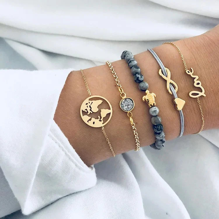 Boho Bangle For women Turtle Elephant Heart Shell Star Moon Bow Arrow Map Crystal Charm Bead Bracelet Set Bohemian Jewelry