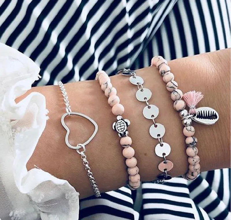 Boho Bangle For women Turtle Elephant Heart Shell Star Moon Bow Arrow Map Crystal Charm Bead Bracelet Set Bohemian Jewelry