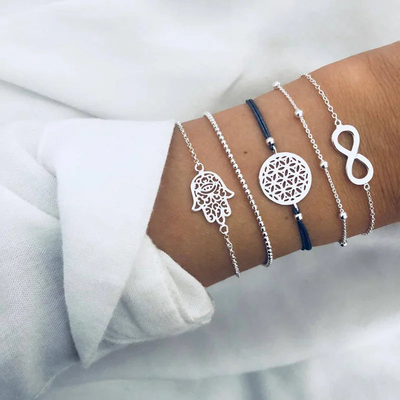 Boho Bangle For women Turtle Elephant Heart Shell Star Moon Bow Arrow Map Crystal Charm Bead Bracelet Set Bohemian Jewelry