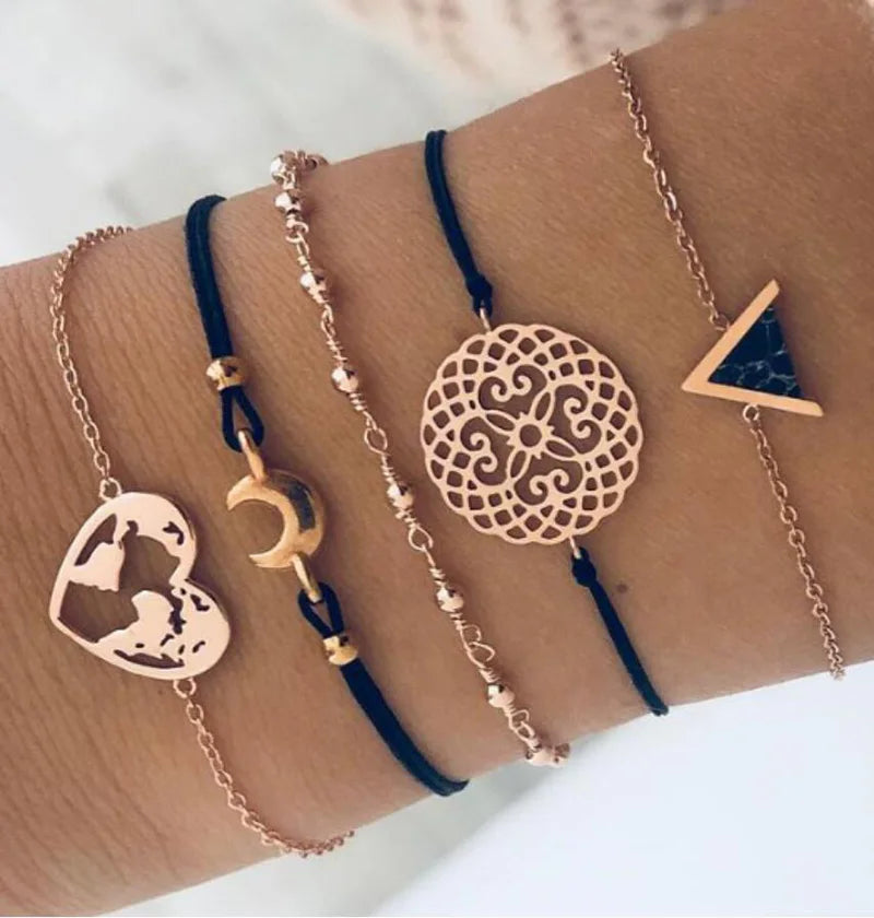 Boho Bangle For women Turtle Elephant Heart Shell Star Moon Bow Arrow Map Crystal Charm Bead Bracelet Set Bohemian Jewelry