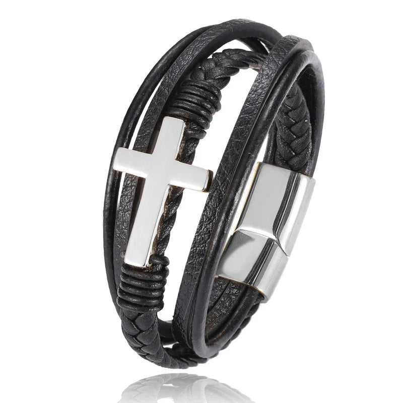 Boho Personalized Men's Family Name Bracelet Black Cross Woven Leather With Stainless Steel Charm Bracelet Custom Name Jewelry