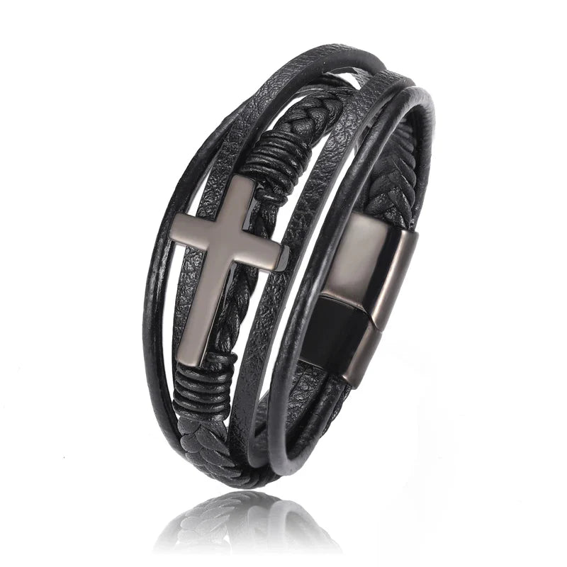 Boho Personalized Men's Family Name Bracelet Black Cross Woven Leather With Stainless Steel Charm Bracelet Custom Name Jewelry