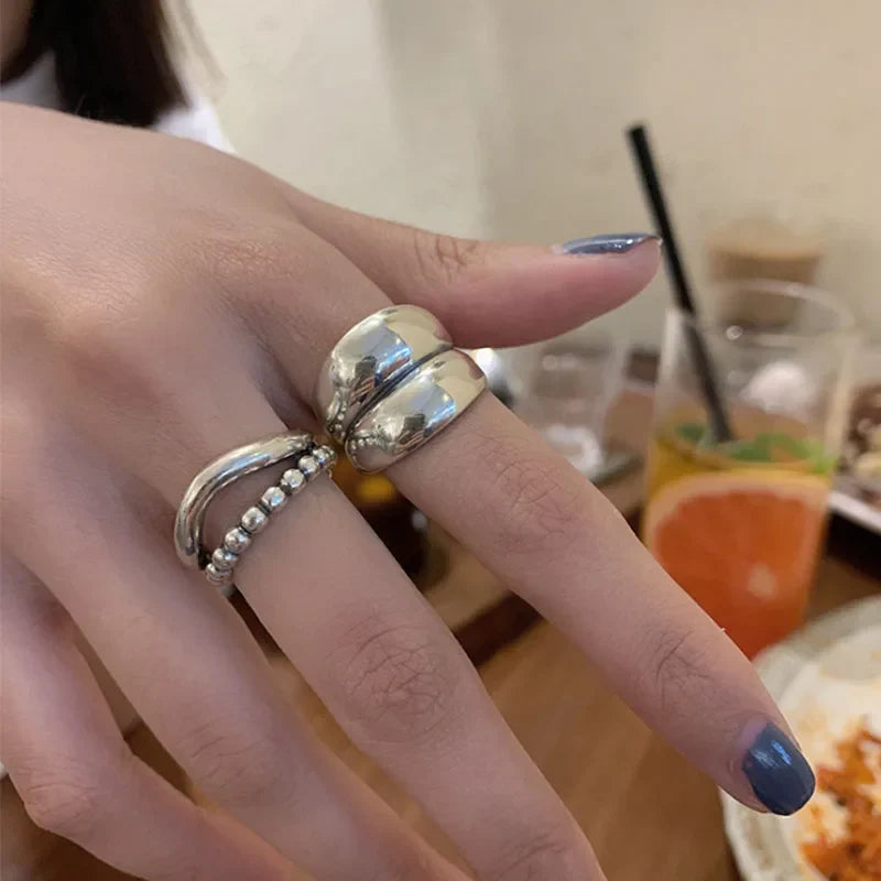 VENTFILLE 925 Silver New Thick Simple Wave Light-shaped Solid Double-layer Rings Trendy Couple Ring Female Gift