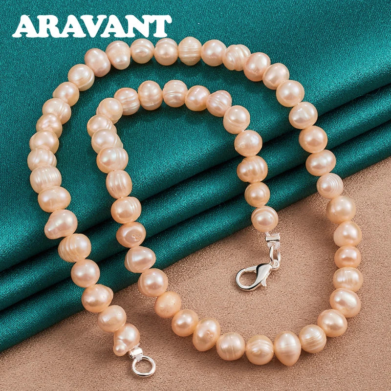 Aravant 925 Silver Freshwater Pearl Necklaces Chain For Women Wedding Fashion Jewelry