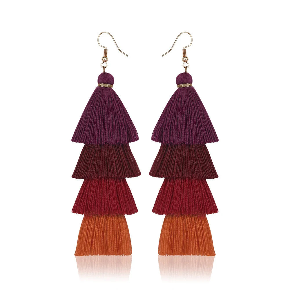 Bohemian 4 Layered Tassel Earrings For Women Ethnic Long Fringe Multi color Statement Dangle Earring GirlsFashion Jewelry