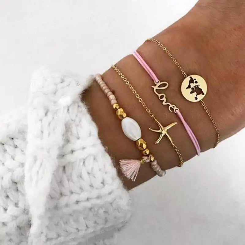Boho Bangle For women Turtle Elephant Heart Shell Star Moon Bow Arrow Map Crystal Charm Bead Bracelet Set Bohemian Jewelry