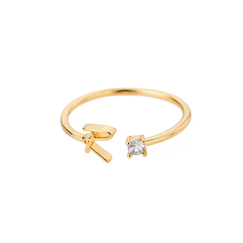 A-Z Initial Letter Open Rings for Women Stainless Steel Gold Color Zircon Adjustable Ring Trendy Couple Wedding Jewelry Gift