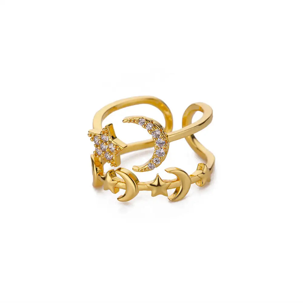 Zircon Star Moon Rings For Women Gold Color Adjustable Stainless Steel Moon Star Ring Wedding Aesthetic Party Jewelry Gift BFF