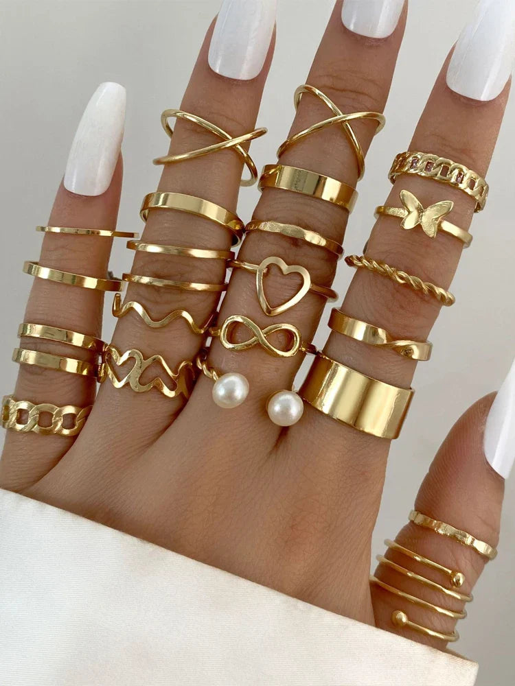 28pcs Fashion Ring Set for Women Heart Shaped Design Geometric Bohemian Element Accent Ring Daily Wear Dating Party Jewelry 2025