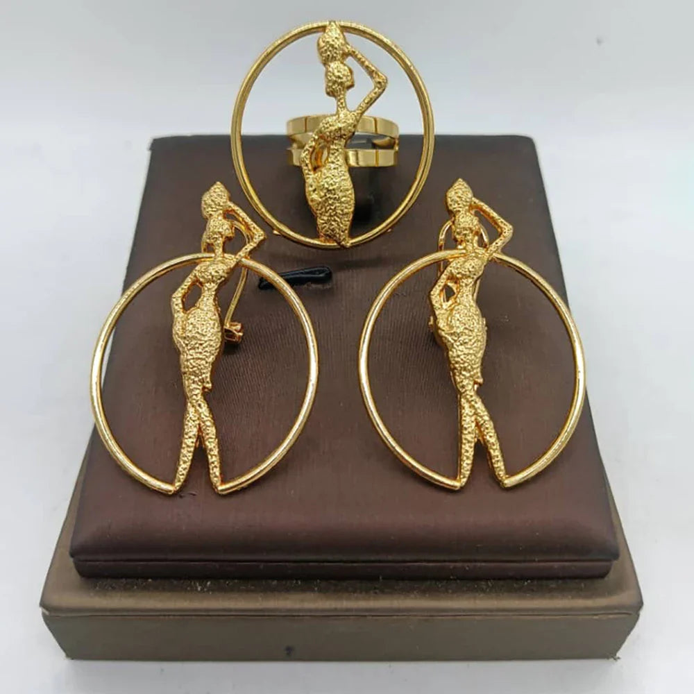 African Gold Color Jewelry Set for Women Statement Design Clip Earrings and Finger Ring 2Pcs Set for Weddings Bride Jewellery