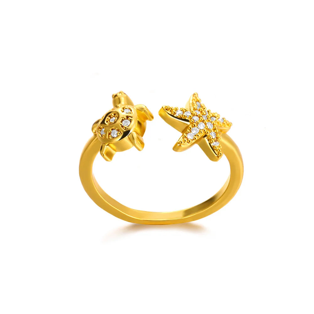 316L Stainless Steel Starfish Shell Rings for Women Gold Color Open Finger Ring Femme Trendy Summer Vacation Ocean Jewelry Gift