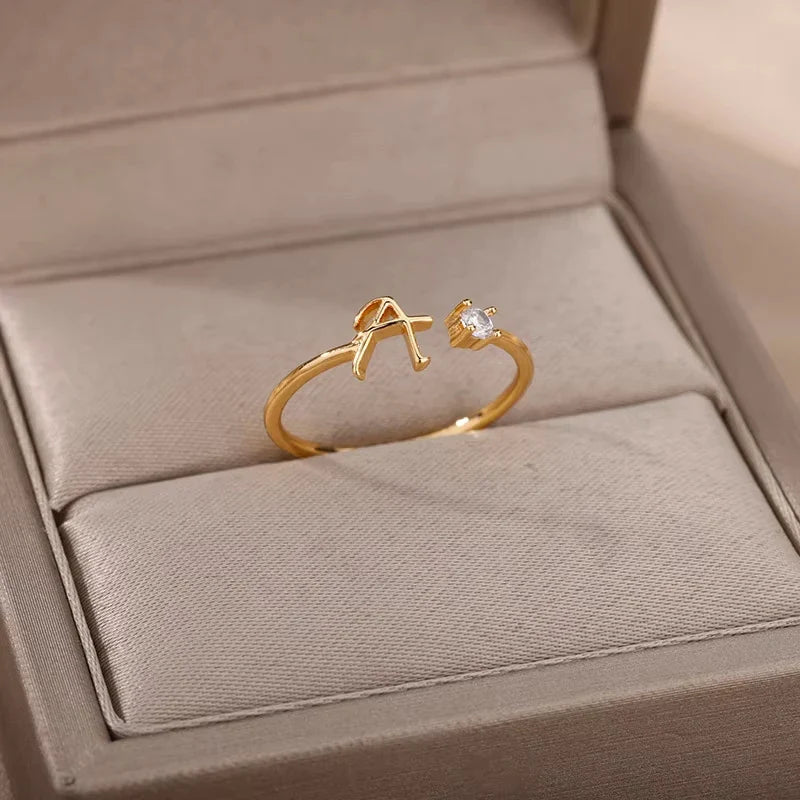 Zircon Initial Letter Ring for Women Stainless Steel Gold Color Alphabet Open Ring Trendy Wedding Birthday Aesthetic Jewelry