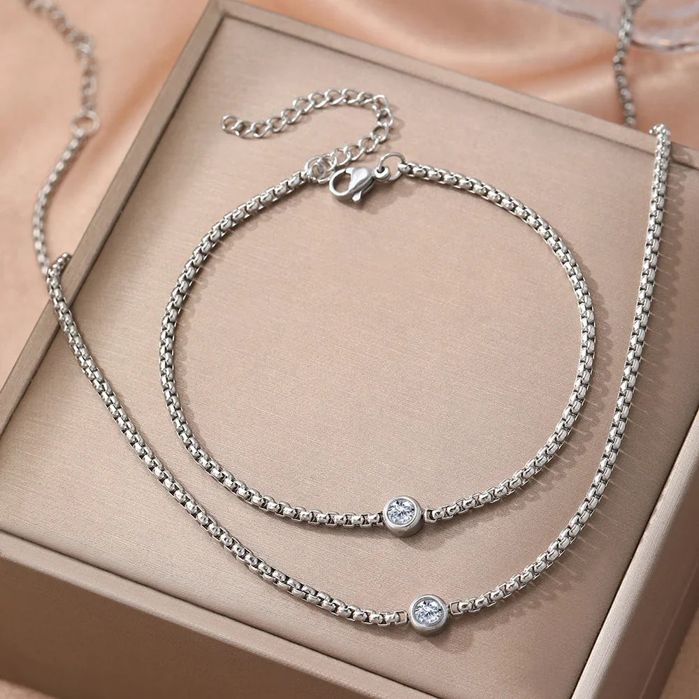 Boho Bead Chain Zircon Bracelet and Necklace Set, Waterproof Stainless Steel Women's Jewelry, Wife Girlfriend Gift