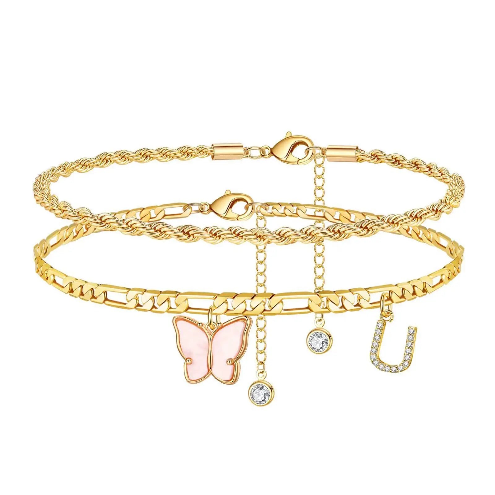 2Pcs Stainless Steel Initial Anklet Set For Women 26 Letter Acrylic Butterfly Charm Chain On Foot Summer Ankle Bracelet Jewelry