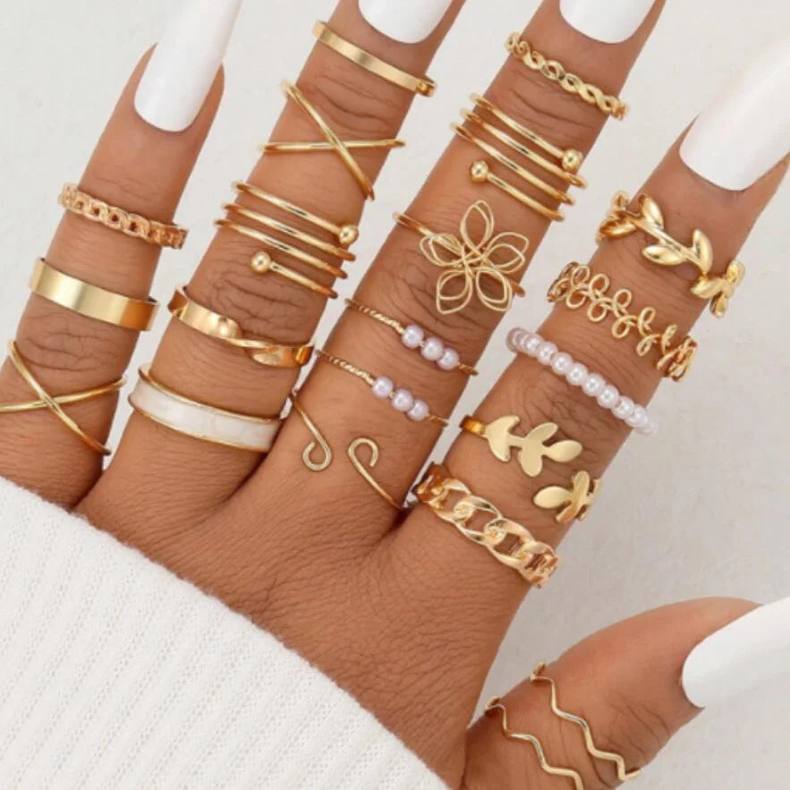 30 PCS Silver Color Geometric Ring Set For Women Vintage Heart Eye Cross Sun And Moon Leaf Charm Finger Ring Female Boho Jewelry