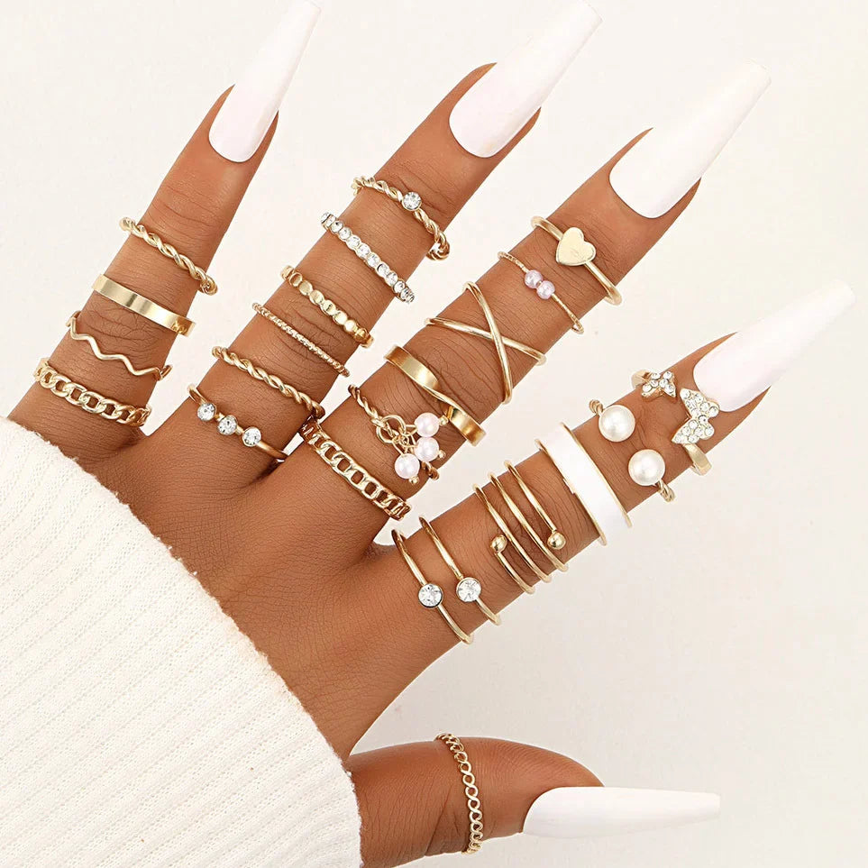 30 PCS Silver Color Geometric Ring Set For Women Vintage Heart Eye Cross Sun And Moon Leaf Charm Finger Ring Female Boho Jewelry