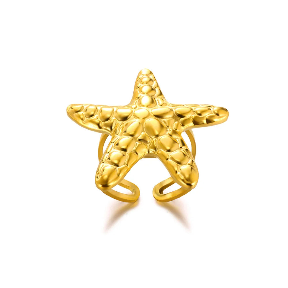 316L Stainless Steel Starfish Shell Rings for Women Gold Color Open Finger Ring Femme Trendy Summer Vacation Ocean Jewelry Gift