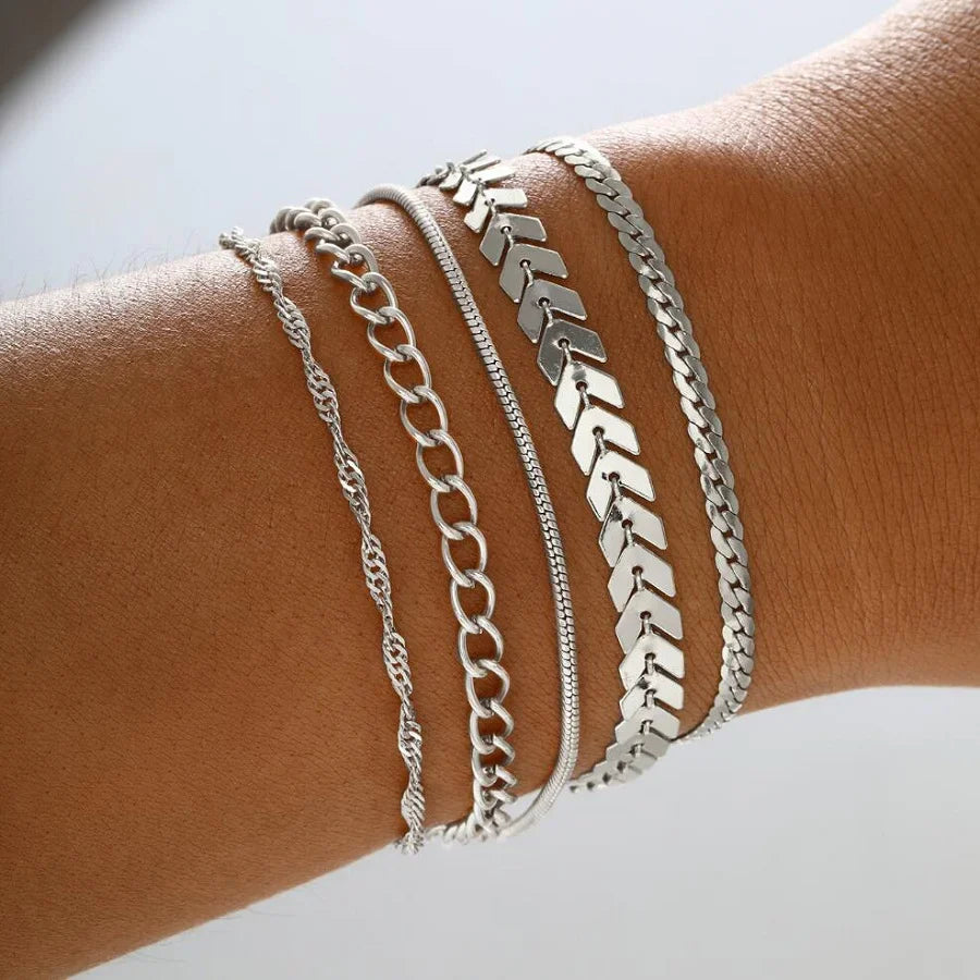 5/15 Pcs Set Silver Color Chain Bead Bracelets for Women Simple Elegant Vacation Beach Party Casual Jewelry Versatile Daily Wear