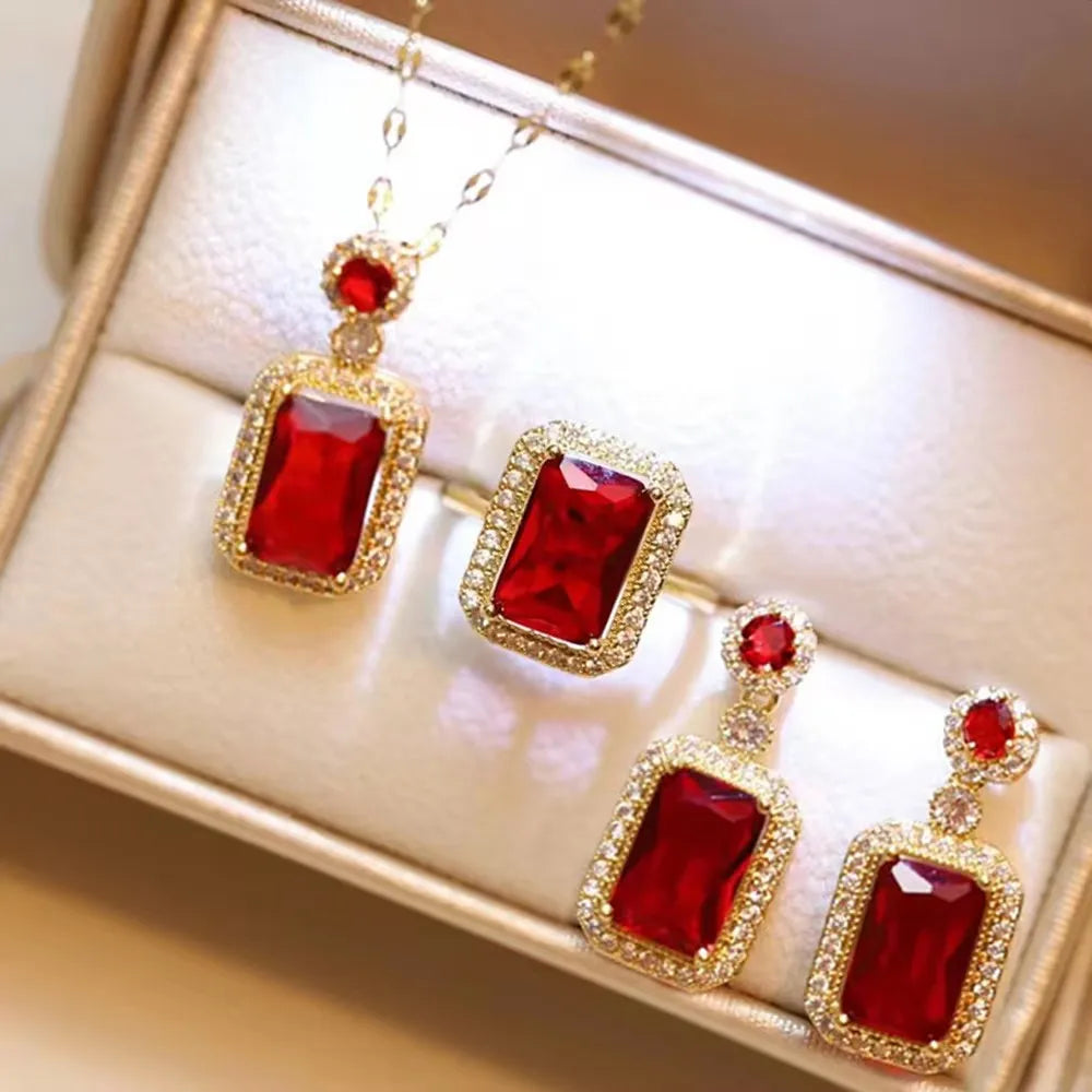 5 Piece Set Women Fashionable Temperament Circular Green Crystal Necklace Bracelet Earring Ring Combination Versatile Exquisite