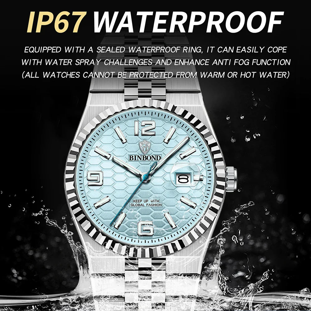 BINBOND High Quality Original Men Clock Waterproof Luminous Date Luxury Man Watch Stainless Steel Quartz Men's Watches Male