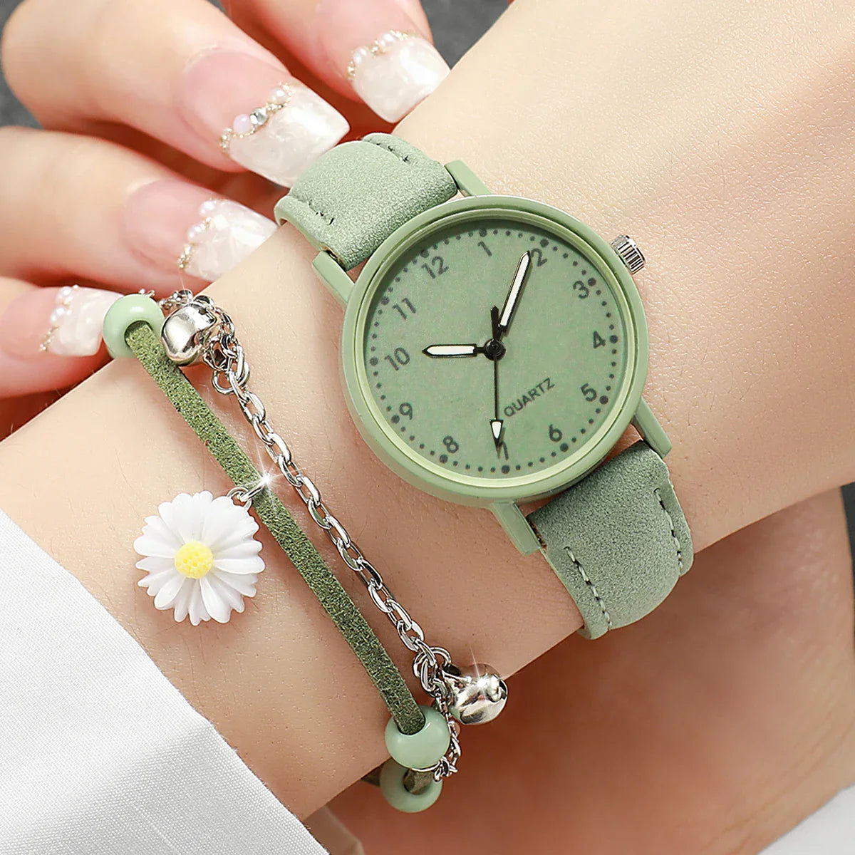 2PCS/Set Fashion Women Watches Bracelet Set Simple Arabic Dial Leather Strap Quartz Watches Reloj Mujer Girls Clock Gift
