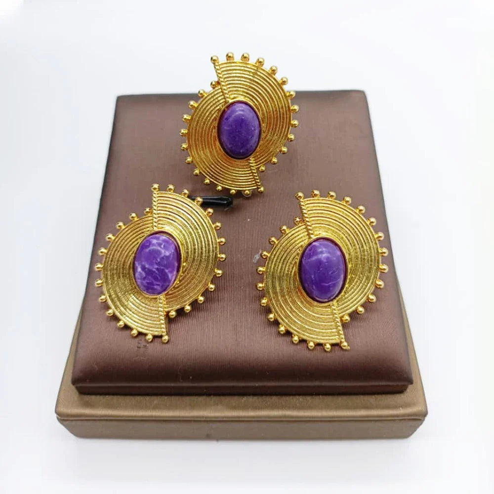 African Jewelry Set for Women Spiral Shape New Fashion Purpuse Stone Earrings Finger Ring Dubai Indian Luxury Gold Color Jewelry