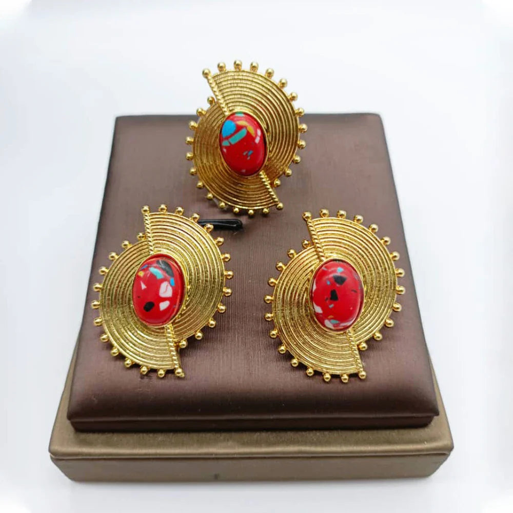 African Jewelry Set for Women Spiral Shape New Fashion Purpuse Stone Earrings Finger Ring Dubai Indian Luxury Gold Color Jewelry