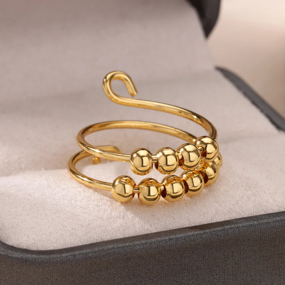 Anti-Stress Rotating Beads Rings for Women Men Gold Color Stainless Steel Double Smooth Beads Finger Ring Party Jewelry Gift