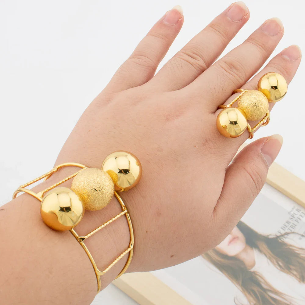 African Gold Color Jewelry Set for Women Beads Design Cuff Bangle and Ring Dubai Weddings Bride Jewelry Set Accessories Gifts