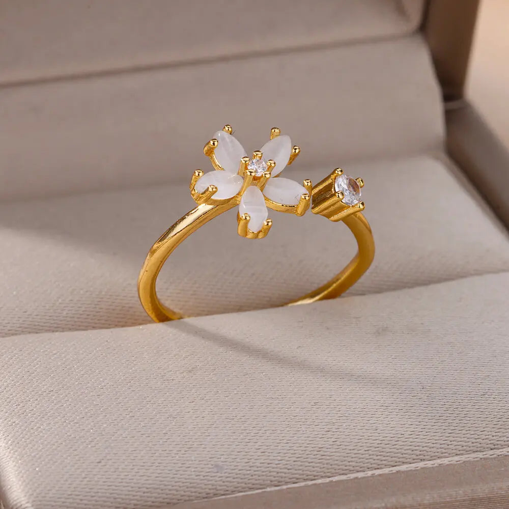 Opal Flower Rings For Women Cubic Zirconia Openning Stainless Steel Flower Ring Wedding Floral Aesthetic Jewelry anillos mujer